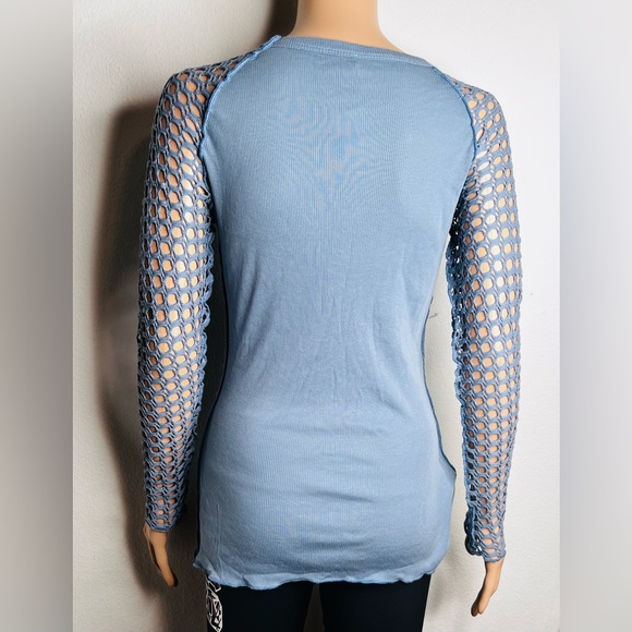 Pete Size Small Raglan Fish Net Mesh Long Sleeve Tee Shirt Light Blue - Picture 2 of 6